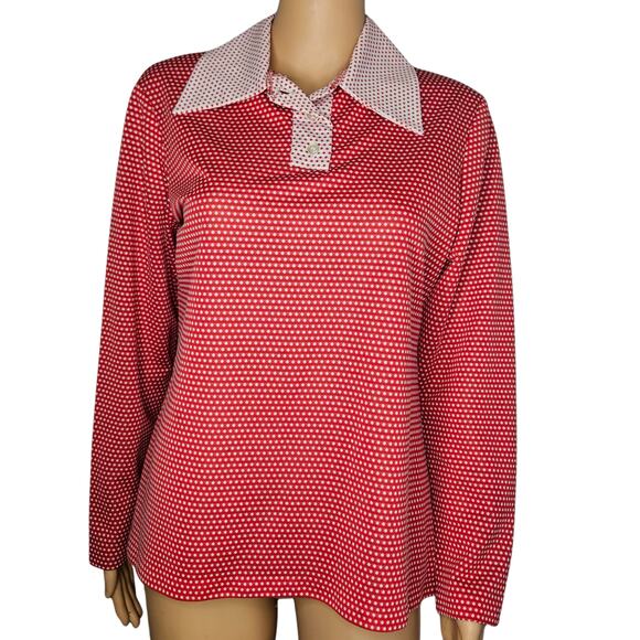 1970s Polka Dot Red White Color Block Pullover Long Sleeve Box Cut Top SZ Large - Picture 2 of 8